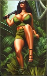 abigail_ratchford ai_generated black_hair breasts cleavage cleavage_overflow dream_(ai) earrings green_clothing jungle khaki_shorts large_breasts shotgun strappy_heels sunglasses