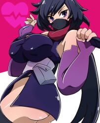 ass ayame_(gundam_build_divers) bangs black_hair black_mask black_panties black_thighhighs breasts cinnamon6 covered_mouth covered_nipples elbow_gloves female fingerless_gloves fujisawa_aya gloves gundam gundam_build_divers heart highres japanese_clothes kimono kunai large_breasts long_hair mask mouth_mask ninja ninja_mask panties panty_peek pink_background pouch purple_eyes purple_gloves red_scarf scarf short_kimono solo split_ponytail thighhighs two-tone_background underwear very_long_hair weapon white_background