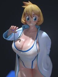 3d blue_eyes breasts competition_swimsuit cowboy_shot creatures_(company) curvy female game_freak highres huge_breasts jacket kasumi_(pokemon) kasumi_(pokemon) large_breasts legs muscular navel nintendo one-piece_swimsuit open_clothes open_jacket open_mouth orange_hair pokemon pokemon_(game) pokemon_hgss simple_background smile solo standing swimsuit swimsuit_under_clothes thick_thighs thighs usukeninja white_jacket white_one-piece_swimsuit wide_hips