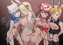 4girls animal_ears anus ass bar_censor blonde_hair blue_eyes blue_hair breasts brown_eyes brown_hair cat_ear_bandana censored crotchless_panties cupless_top cynthia_(pokemon) dawn_(pokemon) female female_only human human_only kasumi_(pokemon) looking_at_viewer may_(pokemon) multiple_girls nintendo nipples nyuu_(manekin-eko) orange_hair pokemon pussy pussy_juice red_bandana tail take_your_pick thighhighs wink yuri