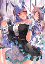 3girls animal_ears bangs bare_shoulders blue_hair blush breasts brown_hair collarbone dress female female_only highres horse_ears horse_girl horse_tail kawai_(purplrpouni) large_breasts looking_at_viewer mejiro_ardan_(umamusume) mejiro_dober_(umamusume) mejiro_ryan_(umamusume) multiple_girls purple_eyes smile tail thighs umamusume