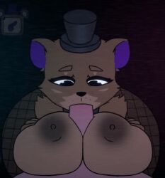 animated animatronic anthro bear blowjob breasts cheek_tuft cum cum_in_mouth deepthroat fellatio five_nights_at_freddy's five_nights_at_fuzzboob's freddy_(fnaf) furry gif glazed_(artist) male paizuri paizuri_fellatio penis pov rule_63 shoulder_tuft ursid