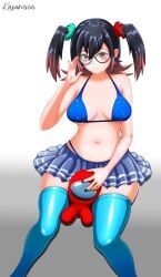 1girls among_us bra glasses kasurnica large_breasts long_hair looking_at_viewer plushie red_(among_us) skirt tagme thick_thighs thigh_squish thighhighs