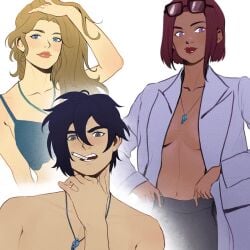 1boy 2girls black_hair blonde_hair blue_bra bra dark-skinned_female dark_skin haley_(stardew_valley) light-skinned_female light-skinned_male light_skin m_kun maru_(stardew_valley) necklace open_jacket sebastian_(stardew_valley) stardew_valley