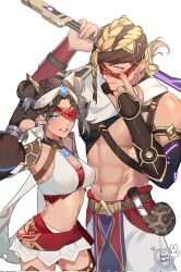 abs beebunii black_hair blonde_hair blue_eyes cleavage clothed clothing eremite_(genshin_impact) eremite_daythunder_(genshin_impact) eremite_desert_clearwater_(genshin_impact) genshin_impact npc purple_eyes suggestive tanned tanned_skin