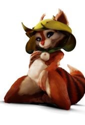 3d 4_fingers anthro breasts cowl dota dota_2 female fingers fur genitals hi_res hood hoodwink_(dota) mammal nipples pose red_body red_fur rodent sciurid sitting smile solo tail_tuft tree_squirrel tuft video_games white_body