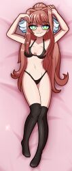 1girls black_clothing blush bra dakimakura_design doki_doki_literature_club green_eyes long_hair looking_at_viewer mitboy monika_(doki_doki_literature_club) panties small_breasts stockings tagme underwear