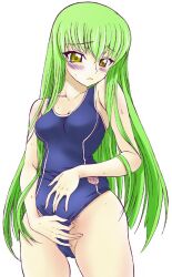 1girls c.c. code_geass female_pubic_hair fujimaru_arikui green_hair long_hair pubic_hair school_swimsuit swimsuit tagme yellow_eyes