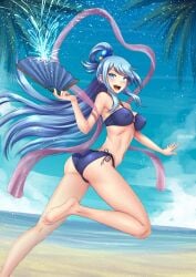 1girls adsouto alternate_costume aqua_(konosuba) ass beach bikini blue_bikini blue_eyes blue_hair blue_swimsuit breasts clouds folding_fan hair_bobbles hair_ornament hair_ring hand_fan holding_fan kono_subarashii_sekai_ni_shukufuku_wo! medium_breasts navel nipple_bulge o-ring o-ring_bikini o-ring_swimsuit ocean outside palm_trees ponytail sash side-tie_bikini side-tie_swimsuit sky solo solo_female swimsuit water