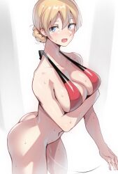 after_masturbation ass ayakumo bikini blonde_hair blue_eyes bottomless braid breasts cleavage darjeeling female girls_und_panzer large_breasts navel pussy_juice pussy_juice_trail red_bikini sweat swimsuit