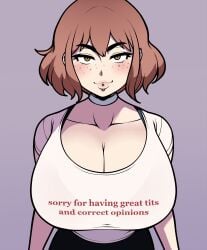 1girls brown_hair busty busty_big_sis_(jam-orbital) cleavage clothes_writing collar confident female_only freckles huge_breasts jam-orbital large_breasts lip_piercing looking_at_viewer meme oc original original_character short_hair showing_off_breasts smirk smirking smug solo t-shirt