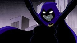 1girls belly big_belly big_breasts breasts clothing dc_comics edit female grey_skin human morphtothetop outerwear pale_skin pregnant public purple_hair raven_(dc) screenshot_edit teen_titans