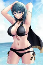 1girls absurdres alternate_costume arms_up artist_name ass_visible_through_thighs belt bikini black_bikini black_swimsuit blue_eyes blue_hair breasts byleth_(fire_emblem) byleth_(fire_emblem)_(female) byleth_(summer)_(fire_emblem)_(female) capelet cleavage cowboy_shot female female female_only fire_emblem fire_emblem:_three_houses fire_emblem_heroes flower hair_flower hair_ornament halterneck hibiscus highres large_breasts looking_at_viewer medium_hair navel nintendo official_alternate_costume partially_submerged reia_hana sandals signature solo sunlight swimsuit tassel teal_hair twitter_username water