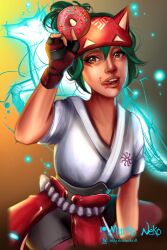 1girls 2d blizzard_entertainment clothed donut female fox_ears gloves green_hair kiriko_(overwatch) marikoneko marikoneko0 overwatch overwatch_2 tongue_out