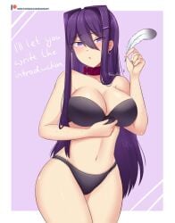 1girls black_bra black_panties bra collar dialogue doki_doki_literature_club feathers female looking_at_viewer panties purple_eyes purple_hair raionart solo text yuri_(doki_doki_literature_club)