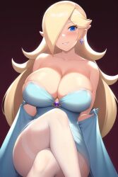 1girls 2:3 ai_generated bare_shoulders blonde_hair blue_dress blue_eyes blush breasts cleavage clothing crossed_legs dress earrings eyebrows_visible_through_hair female female_only grin hair_over_one_eye jewelry large_breasts long_hair looking_at_viewer mario_(series) nai_diffusion nintendo princess_rosalina seductive simple_background sitting smile solo stable_diffusion star star_earrings strapless strapless_dress teeth thick_thighs thighhighs thighs very_long_hair voluptuous zettai_ryouiki