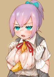 alternate_breast_size aqua_eyes banana between_breasts blue_eyes breast_squeeze breasts covered_nipples female food food_between_breasts fruit highres kantai_collection kutouten large_breasts messiahsyndrome partially_unbuttoned ponytail purple_hair shiranui_(kantai_collection) solo suggestive_fluid upper_body