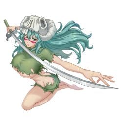 1girls almost_naked arrancar bare_legs barefoot big_breasts bleach breasts busty espada facepaint female female_only fighting_pose fighting_stance hazel_eyes headwear helmet holding_object holding_weapon huge_breasts katana makeup midriff mostly_nude nelliel_tu_odelschwanck revealing_clothes ripped_clothing ripped_shirt shirt skeleton skull skull_on_head solo solo_female solo_focus sword torn_clothes underboob ury weapon