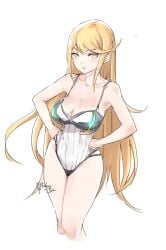 1girls blonde_hair breasts cleavage clothing female hands_on_hips large_breasts long_hair looking_at_viewer mythra nintendo one-piece_swimsuit relaxjon solo standing swimsuit white_one-piece_swimsuit white_swimsuit xenoblade_(series) xenoblade_chronicles_2 yellow_eyes