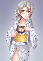 1girls anti_(untea9) black_bra black_lingerie blush bra breasts cat_keyhole_bra cat_keyhole_lingerie cleavage_cutout cosplay flipped_hair green_eyes grey_kimono hair_tied hamakaze_(kantai_collection) hamakaze_(kantai_collection)_(cosplay) kantai_collection kimono lingerie long_hair nowaki_(kantai_collection) obi open_clothes open_kimono sash silver_hair small_breasts yellow_sash yukata