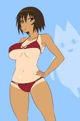 1girls azumanga_daiou big_breasts bikini brown_eyes brown_hair chiyo_chichi kagura_(azumanga_daiou) nekomamire short_hair tanline tomboy