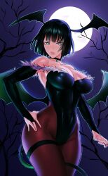 1girls absurd_res bangs bare_shoulders bat_wings belly big_breasts bob_cut breasts busty choker cleavage clothed clothing collarbone cosplay costume curvaceous curvy curvy_body curvy_female curvy_figure curvy_hips dark_green_hair darkstalkers esper eye_contact eyelashes female female_focus female_only fit fit_female fringe front_view fubuki_(one-punch_man) gloves glowing glowing_aura glowing_eyes green_aura green_eyes halloween hand_on_hip headwear highres hips hourglass_figure invertoalbedo large_breasts latex legs legs_together leotard light-skinned_female light_skin lips lipstick long_gloves looking_at_viewer medium_hair midriff moon morrigan_aensland_(cosplay) navel necklace night one-punch_man open_mouth pantyhose pink_lips pink_lipstick pose posing psychic shiny_skin short_hair skin_tight sleeves slim slim_waist solo solo_female solo_focus stomach strapless succubus tail telekinesis thick thick_legs thick_thighs thighs thin_waist tight_clothing voluptuous waist wide_hips wings