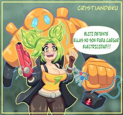 1boy 1girls asian_female big_breasts blitzcrank cristiandeku1 electricity female female_focus green_hair large_breasts league_of_legends riot_games spanish_text zaun zeri_(league_of_legends)