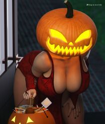 1girls 3d apone3d big_breasts candy candy_bag cleavage clothed clothing female female_focus female_only halloween holding_bag leaning leaning_forward light-skinned_female light_skin mostly_clothed pumpkin_head solo solo_female solo_focus standing tagme thick_thighs