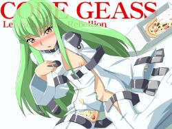 1girls blush c.c. code_geass female_pubic_hair green_hair long_hair pizza small_breasts tagme toku_sonchou yellow_eyes