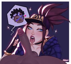 1boy 1girls akali blue_eyes blush brown_hair clothed dark-skinned_male ekko fingerless_gloves hat heart interracial k/da_akali k/da_series league_of_legends looking_away male/female open_mouth ponytail satanya tongue_out touching_penis true_damage_ekko true_damage_series