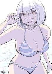 1girls 2022 artist_signature bare_shoulders bikini chubby cute_fang deep_cleavage female female_focus female_only glasses hadashi_no_kenji japanese_text midriff navel original original_character round_glasses shimapan solo solo_female thick_thighs thighs white_hair yellow_eyes