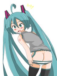 1girls ass ass_cleavage blush boots butt butt_crack flat_ass hatsune_miku looking_back panties pulling_panties putting_on_panties shimapan tagme toro_r18 vocaloid