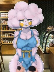 2d apron big_breasts big_thighs blue_eyes cafeteria coffe_shop female female female_only front_view jacksito_(artist) light_blue looking_at_viewer nipples original original_character semi_nude smile voluptuous voluptuous_female white_hair white_skin yellow_blush yellow_eyes yellow_lips