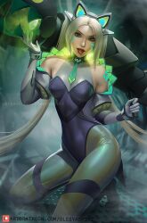 1girls anima_squad_series battle_bunny_series battle_cat_jinx blonde_hair female female_only jinx_(league_of_legends) latex latex_suit league_of_legends light-skinned_female olesyaspitz pinup solo thick_thighs tight_clothing tongue tongue_out