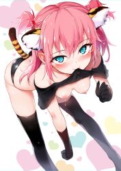 1girls aina-chan alone animal_ears animal_tail aqua_eyes black_eyelashes black_gloves black_legwear black_panties black_topwear blush breasts cute_face female_only heart_background light_skin lovely_heart pink_hair ponytail ponytails solo solo_female