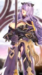 1girls 3d armor artist_request between_breasts big_breasts breasts brown_eyes busty camilla_(fire_emblem) female female_only fire_emblem fire_emblem_fates highres large_breasts legs long_hair looking_at_viewer nintendo parted_lips purple_hair smile solo source_request thighs voluptuous weapon