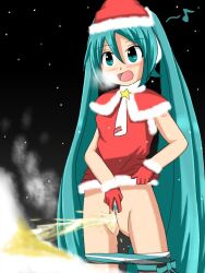 boots hatsune_miku needs_tags panties panties_around_leg panties_down peeing pubic_hair pussy pussy_juice santa_costume santa_hat skirt_up snow tagme toro_r18 urination urine urine_stream vocaloid yellow_snow