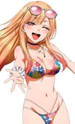 1girls ball beachball big_breasts bikini blonde_hair breasts busty cleavage eyewear_on_head female female_only floral_print highres kitagawa_marin large_breasts long_hair navel official_art one_eye_closed open_mouth red_eyes scrunchie smile sono_bisque_doll_wa_koi_wo_suru sunglasses sunglasses_on_head swimsuit wink wrist_scrunchie