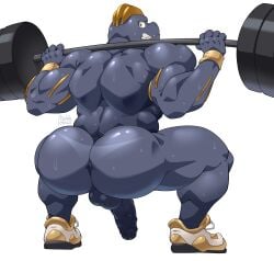 anthro anus ass back_muscles backsack balls bara barbell big_butt bodily_fluids clothing crouching exercise footwear footwear_only generation_1_pokemon genitals hi_res humanoid_genitalia humanoid_penis machoke maldu male male_only mostly_nude muscular muscular_anthro muscular_male nintendo penis pokemon pokemon_(species) shoes shoes_only simple_background solo suntan sweat tan_line video_games white_background