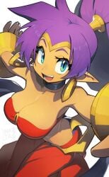 1girls big_eyes blue_eyes breasts clothed clothing elf_ears female female_only genie huge_breasts lhata4564 looking_at_viewer open_mouth ponytail purple_hair red_clothes red_clothing shantae shantae_(character) smile smiling smiling_at_viewer smooth_skin solo solo_female tan tan_body tan_skin thick_thighs