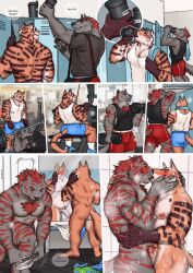 2022 anthro anthro_on_anthro armpit_hair ass bag balls barazoku barbell biceps big_butt big_muscles big_penis blurred_background blush bodily_fluids body_hair bottle bottomwear breath canid canine canis chest_hair claws clothed clothed/nude clothing comic dialogue drinking dumbbell duo ear_piercing ear_ring embrace english_text erection exercise eyebrows facial_piercing felid flaccid footwear foreskin french_kissing frottage fur furgonomics genitals gym gym_bag hair hand_behind_head hand_on_cheek hand_on_side hi_res humanoid_genitalia humanoid_penis inside kissing locker locker_room lying male male/male mammal mirror motion_lines multiple_scenes muscular muscular_anthro muscular_male musk nipple_piercing nipples nose_piercing nose_ring nude number on_back pantherine panting pawpads pecs penis piercing protein_shake reflection ring_piercing severeni sex shirt shoes shorts shower showering sitting smile socks species_transformation standing sweat tank_top teeth text tiger tongue tongue_out topwear towel transformation tuft underwear undressing walking water weight_bench weight_machine weightlifting weights wet wet_body wet_fur wolf workout