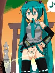 boots hatsune_miku needs_tags panties panties_around_leg panties_down peeing peeing_on_tree pubic_hair pussy pussy_juice skirt_up tagme toro_r18 tree urination urine urine_stream vocaloid