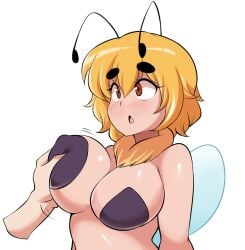 1boy 1girls arthropod_girl bee_girl big_breasts blonde_hair blush breast_grab breasts busty cleavage female female_only grabbing highres insect_girl large_breasts mely open_mouth orange_eyes original short_hair