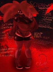 big_breasts character_profile character_sheet cleavage dark-skinned_female dark_eagle dark_skin demon demon_girl looking_at_viewer nightmare_waifu red_eyes red_hair smile smiling smiling_at_viewer text thick thick_legs thick_thighs void void_schirow_(dark_eagle)