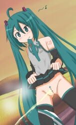 boots hatsune_miku needs_tags panties panties_around_leg panties_down peeing pubic_hair pussy pussy_juice skirt_up solo sunset tagme toro_r18 urination urine urine_stream vocaloid