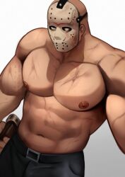 bald bald_man bara bara_tiddies bara_tits big_breasts big_pecs blue_eyes gay jason_voorhees kaysuo male male_focus male_only mask mask_only masked masked_male muscle muscles muscular muscular_arms muscular_male scar scarred scars shirt_removed shirtless