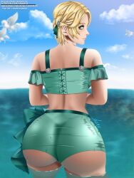 1girls alternate_costume alternate_hairstyle alternate_version_available aramyx ass ass_focus back back_view backboob bare_back bare_thighs bikini blonde_female blonde_hair blush braid breasts chibi embarrassed female female_only fire_emblem fire_emblem:_three_houses fire_emblem_heroes glistening glistening_body green_bikini green_eyes green_swimsuit hair_ornament ingrid_brandl_galatea ingrid_brandl_galatea_(summer) large_ass legs looking_at_viewer looking_back medium_breasts nintendo ocean official_alternate_costume official_alternate_hairstyle outdoors partially_submerged pegasus post-timeskip short_hair skintight skintight_clothing smile solo swimsuit thick_thighs thighs water wet wet_body wet_clothes wet_skin wide_hips