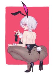 animal_ears ass backless_leotard black_leotard breasts bunny_ears bunnysuit condom condom_wrapper detached_collar eonsang fake_animal_ears fake_tail female fishnet_pantyhose fishnets from_behind girls'_frontline high_heels highres holding holding_condom large_breasts leotard panties pantyhose playboy_bunny purple_eyes rabbit_ears rabbit_tail rpk-16_(girls'_frontline) short_hair side-tie_panties simple_background squatting strapless strapless_leotard string_panties tail underwear white_hair wrist_cuffs