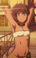 1girls armpits arms_behind_head bandeau breasts brown_hair cute dark-skinned_female dark_skin dungeon_ni_deai_wo_motomeru_no_wa_machigatteiru_darou_ka looking_at_viewer midriff navel pose posing screencap sensual sexy_armpits short_hair small_breasts smile solo tiona_hiryute tribal yellow_eyes