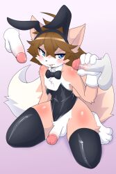 absurd_res akumu_(nightmareroa) anthro balls biped blue_eyes blush bow_tie brown_hair bunny_costume clothed clothing costume digital_drawing_(artwork) digital_media_(artwork) disembodied_penis erection fake_ears fake_rabbit_ears fur genitals girly group group_sex hair handjob hi_res humanoid_genitalia humanoid_penis legwear male male/male mammal multicolored_body multicolored_fur nightmareroa nipples penile penis sex signature simple_background threesome tongue trio white_body white_fur